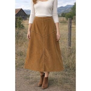 St. Johns Bay Tan Corduroy Country Western Midi Skirt Lace Up Back Size 14 NWT
